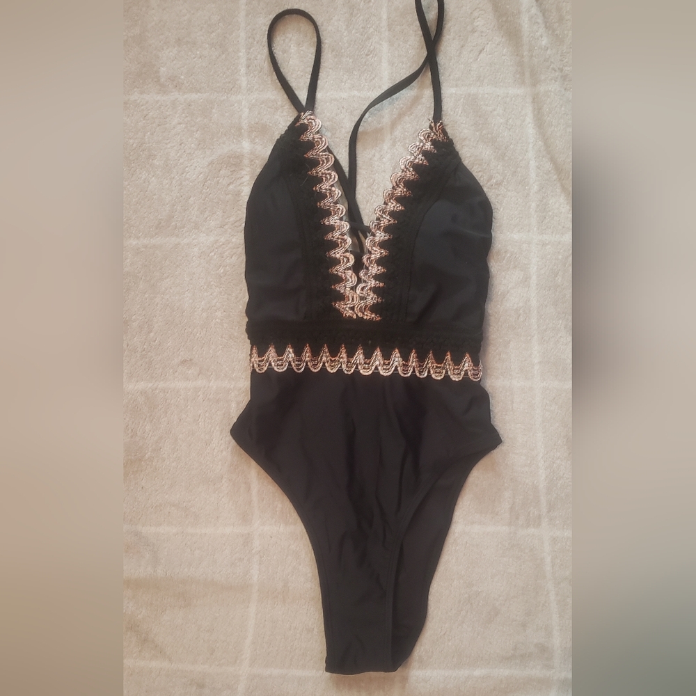 BNWT Chic Black Swimsuit with Pink Lace